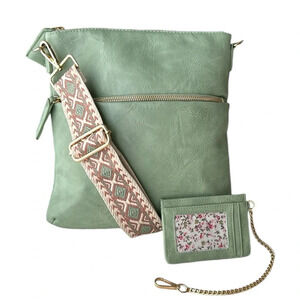 AHDORNED Vegan Leather Messenger Bag Sage Green Boho Embroidered Guitar Strap‎